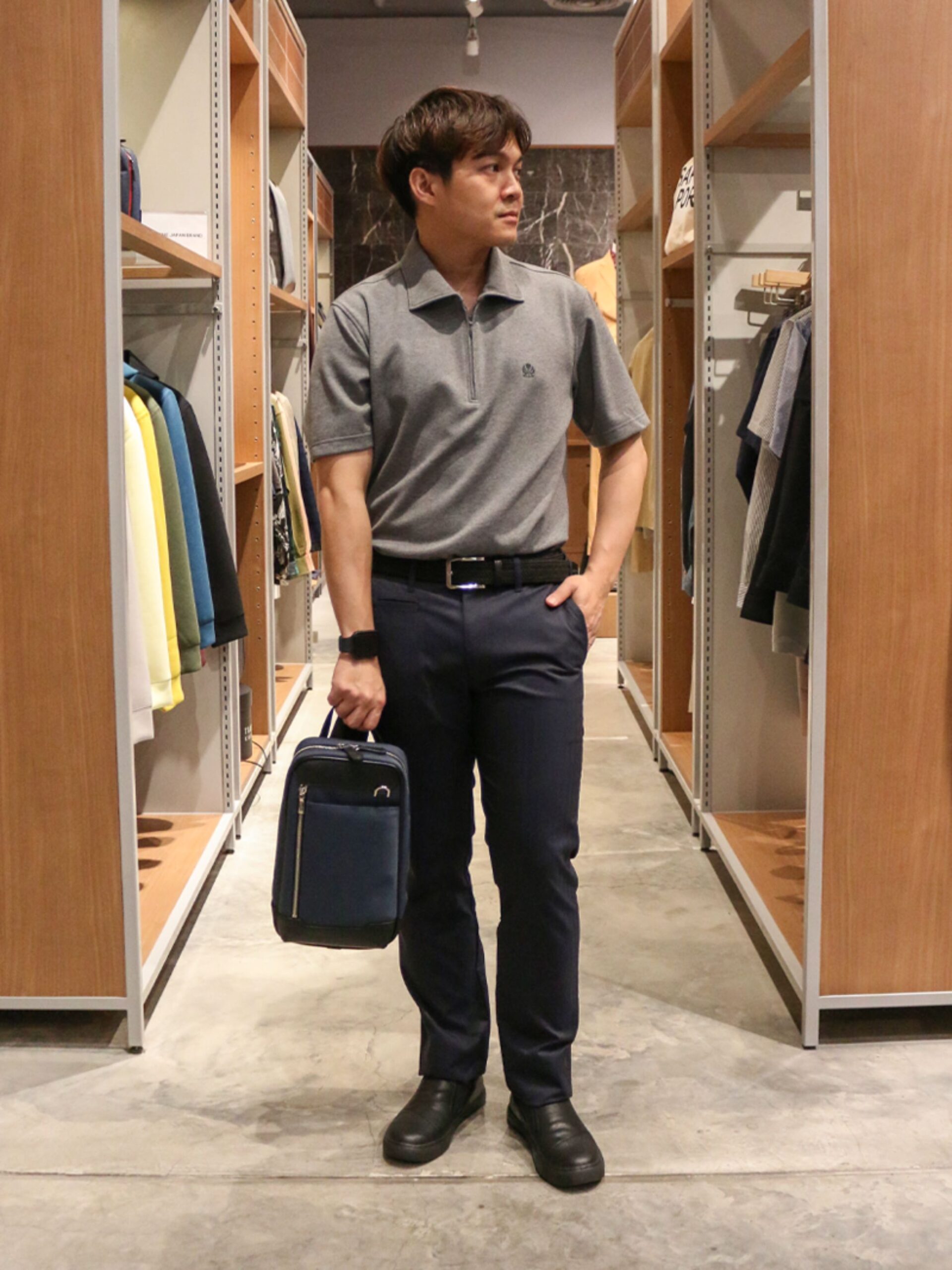 GREY STRETCH PUNCH FABRIC ZIPPER POLO SHIRT (K8138999) (10)