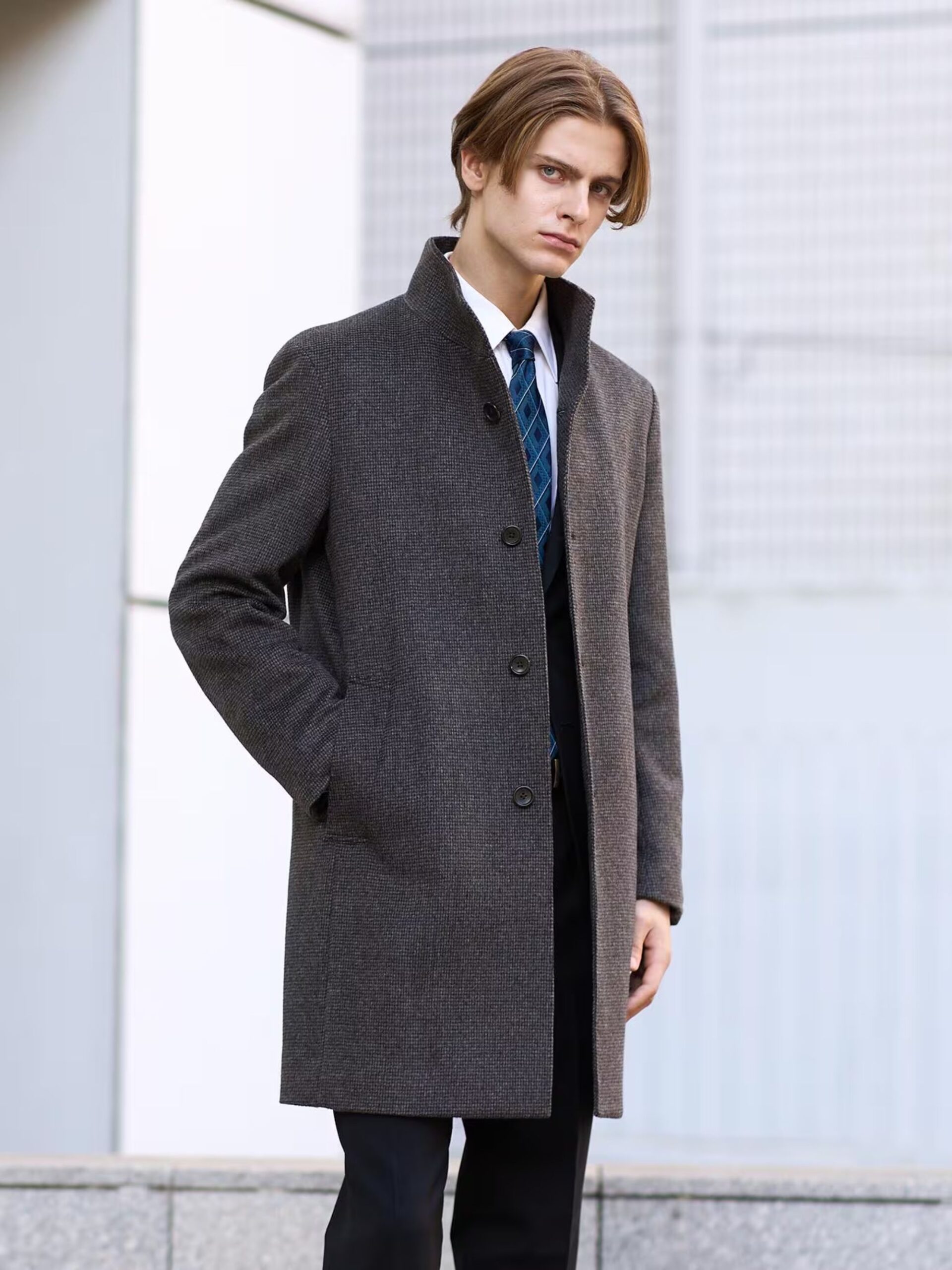 BROWN CASHMERE BLEND PINHEAD STAND COLLAR COAT (1)