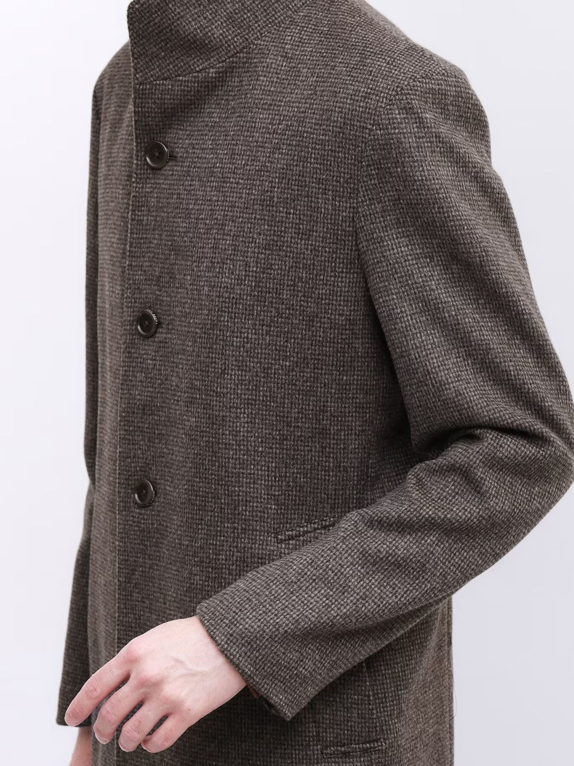 BROWN CASHMERE BLEND PINHEAD STAND COLLAR COAT (12)