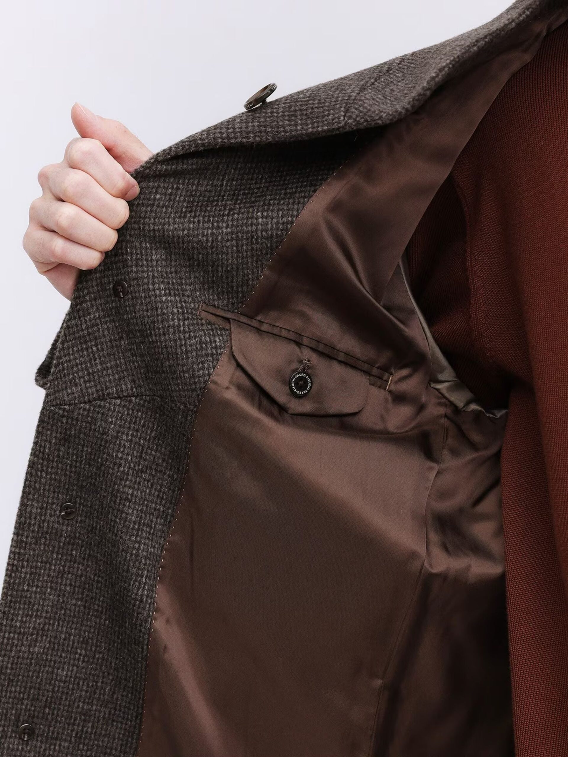 BROWN CASHMERE BLEND PINHEAD STAND COLLAR COAT (15)