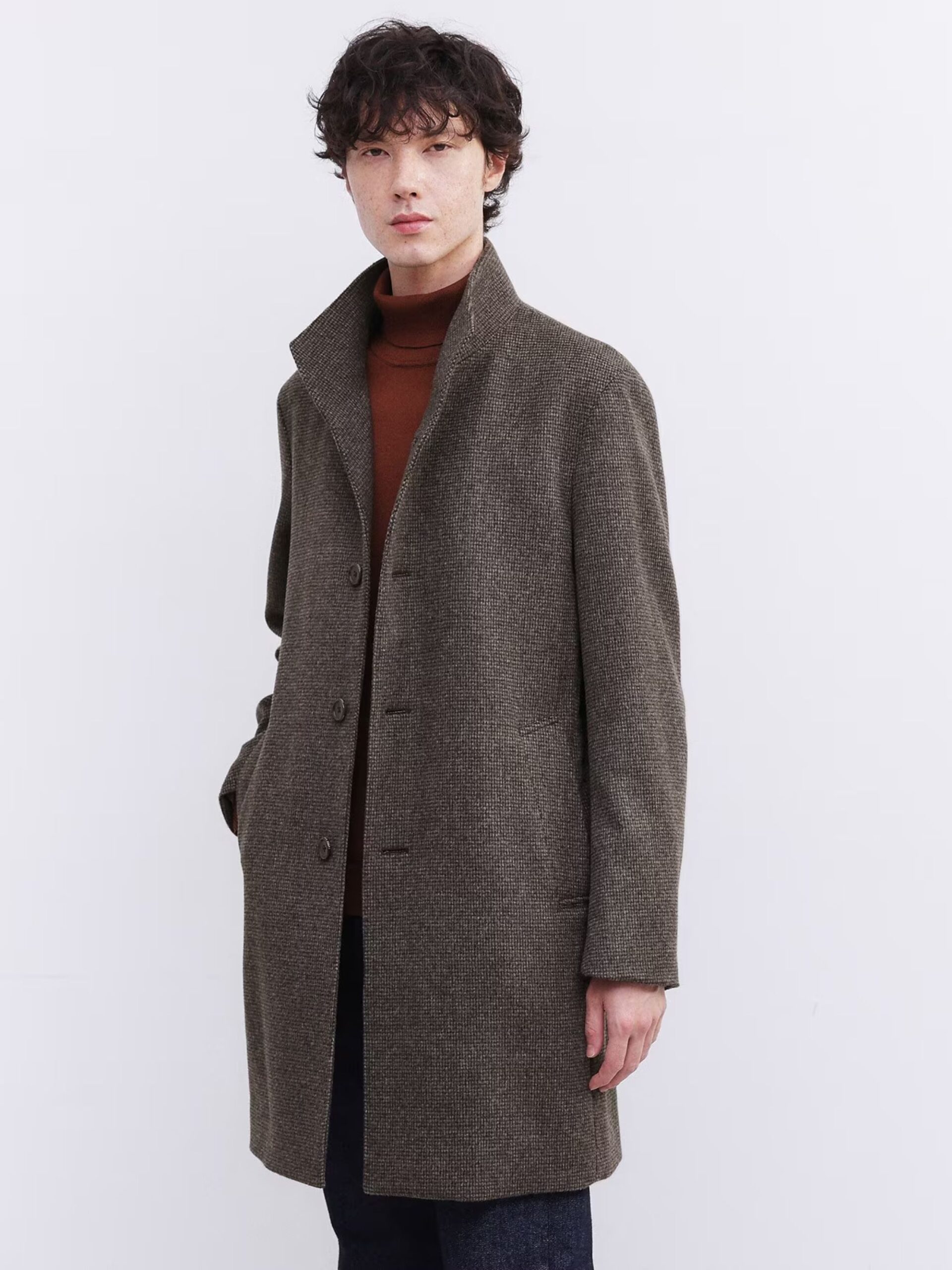 BROWN CASHMERE BLEND PINHEAD STAND COLLAR COAT (2)