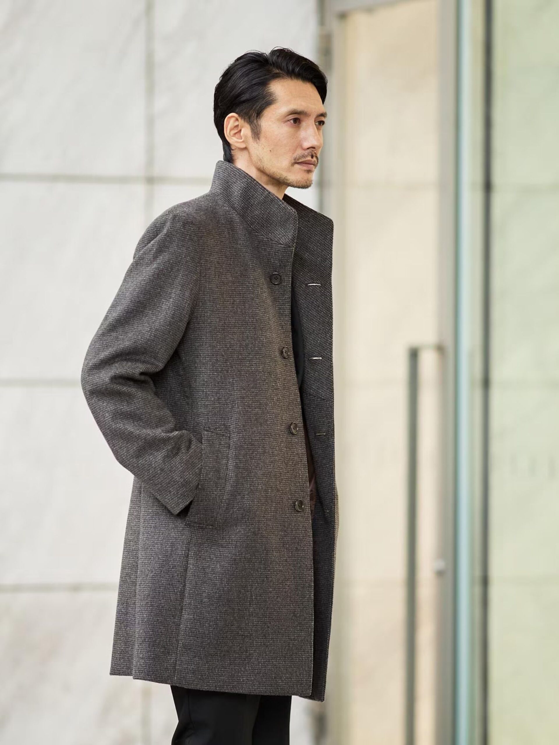 BROWN CASHMERE BLEND PINHEAD STAND COLLAR COAT (26)