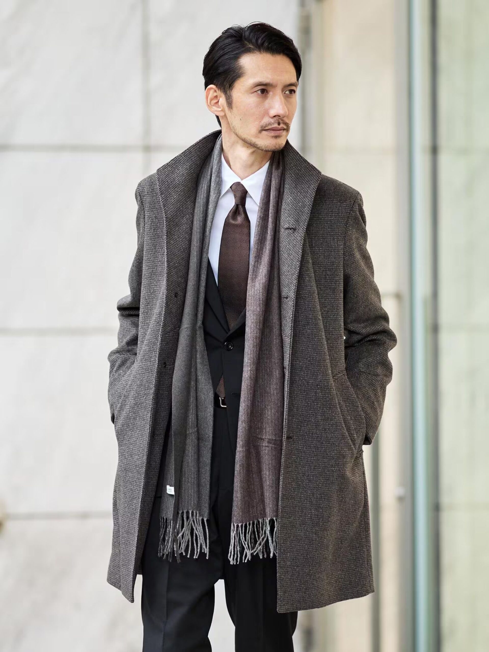 BROWN CASHMERE BLEND PINHEAD STAND COLLAR COAT (27)