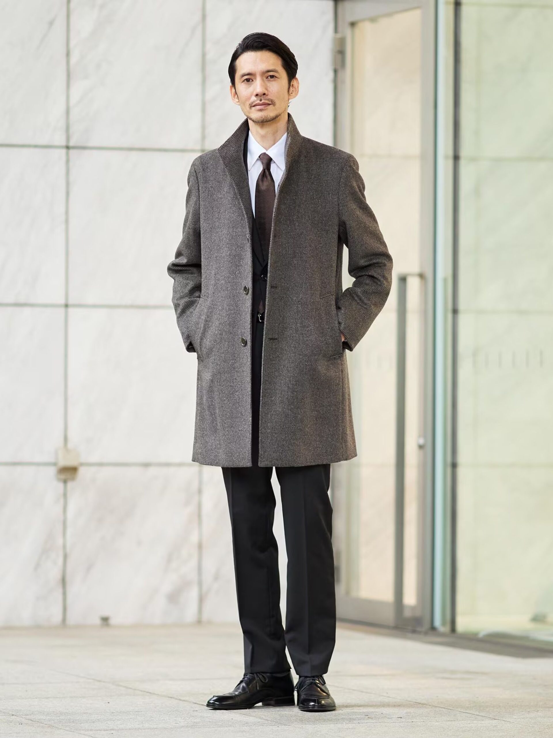 BROWN CASHMERE BLEND PINHEAD STAND COLLAR COAT (28)