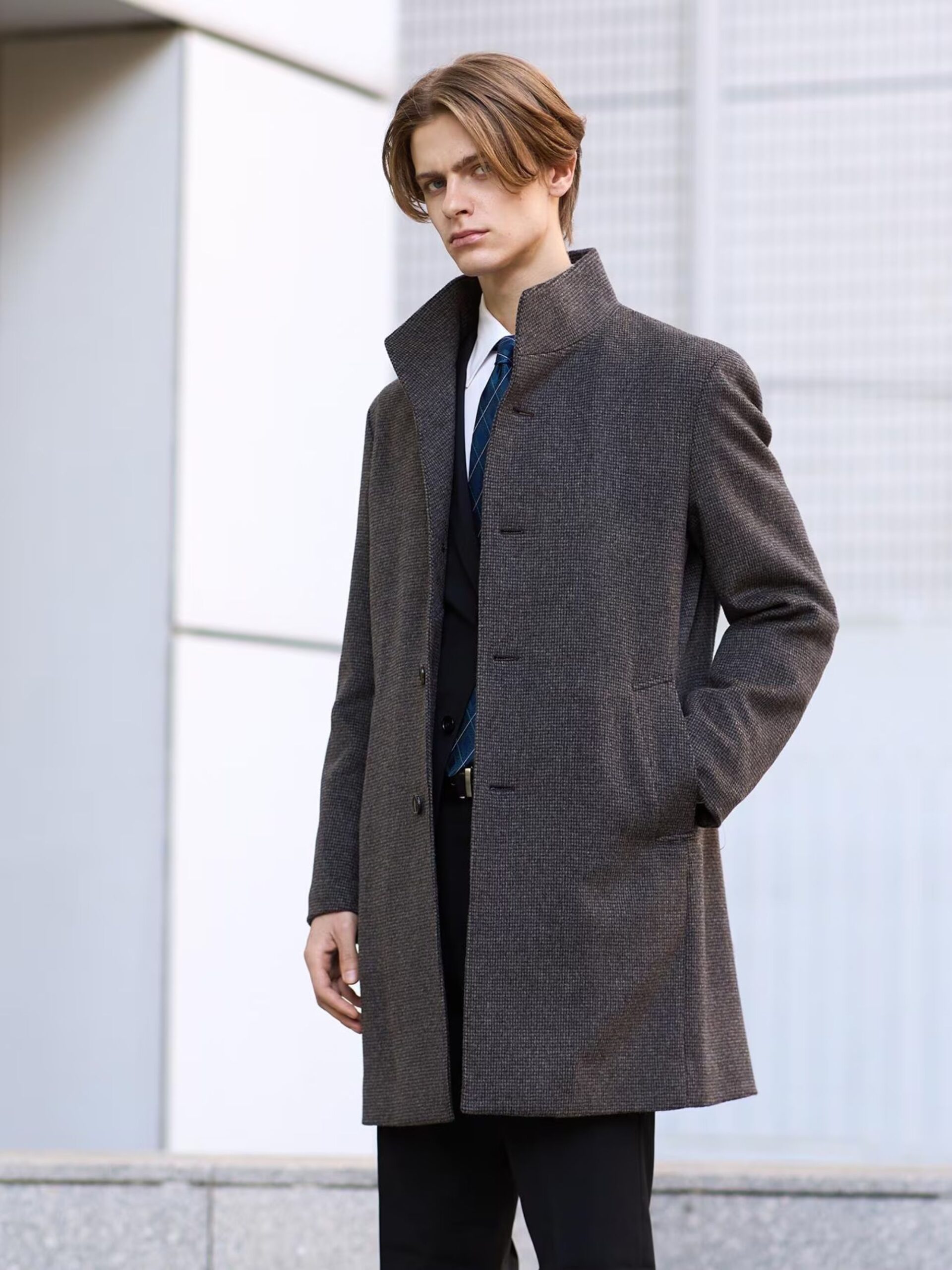 BROWN CASHMERE BLEND PINHEAD STAND COLLAR COAT (29)