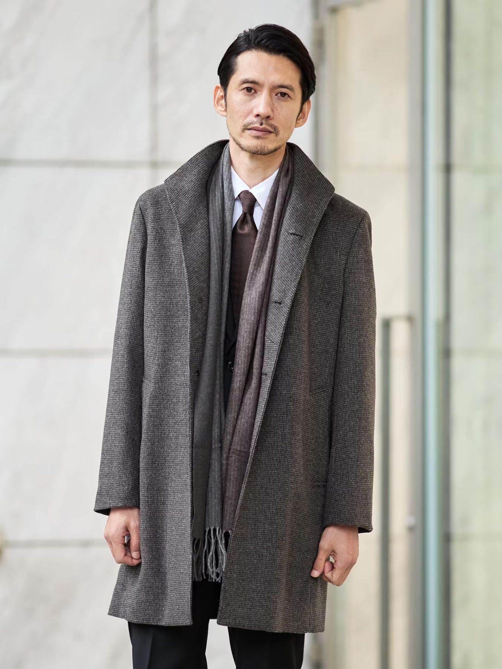 BROWN CASHMERE BLEND PINHEAD STAND COLLAR COAT (3)