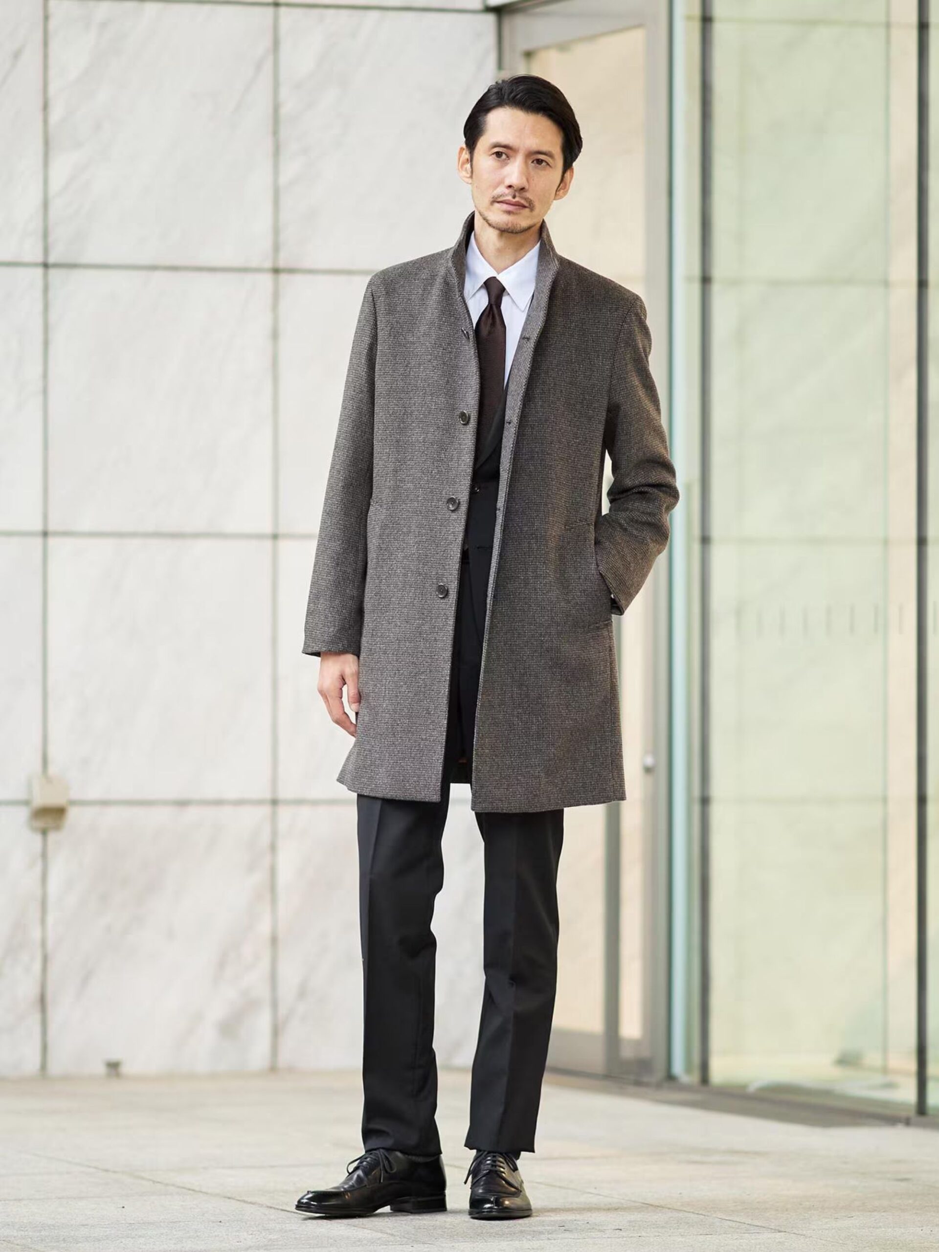 BROWN CASHMERE BLEND PINHEAD STAND COLLAR COAT (4)