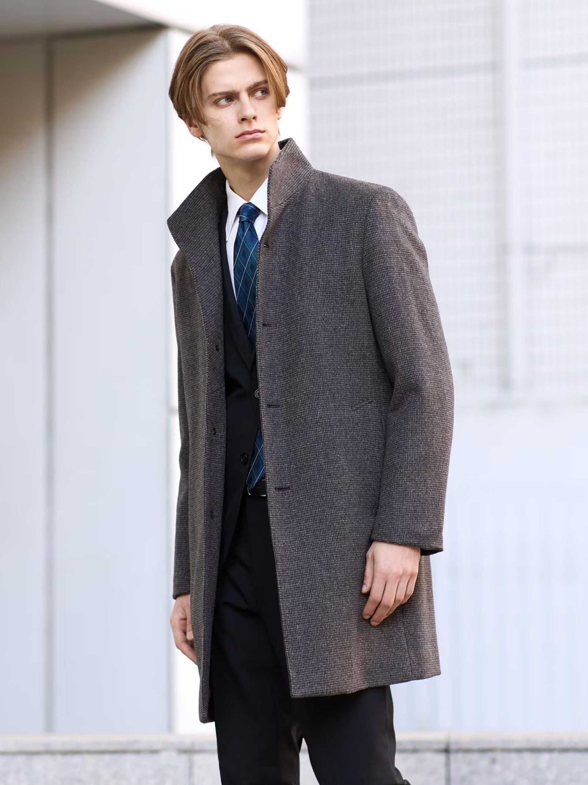 BROWN CASHMERE BLEND PINHEAD STAND COLLAR COAT (5)