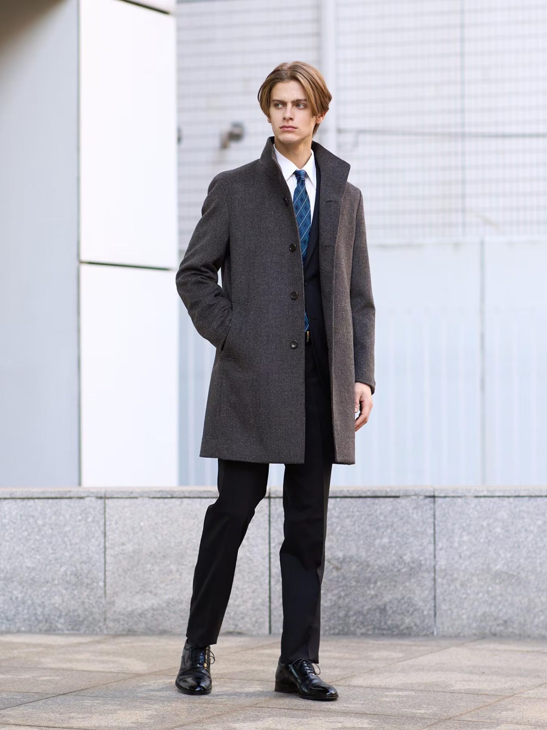 BROWN CASHMERE BLEND PINHEAD STAND COLLAR COAT (6)