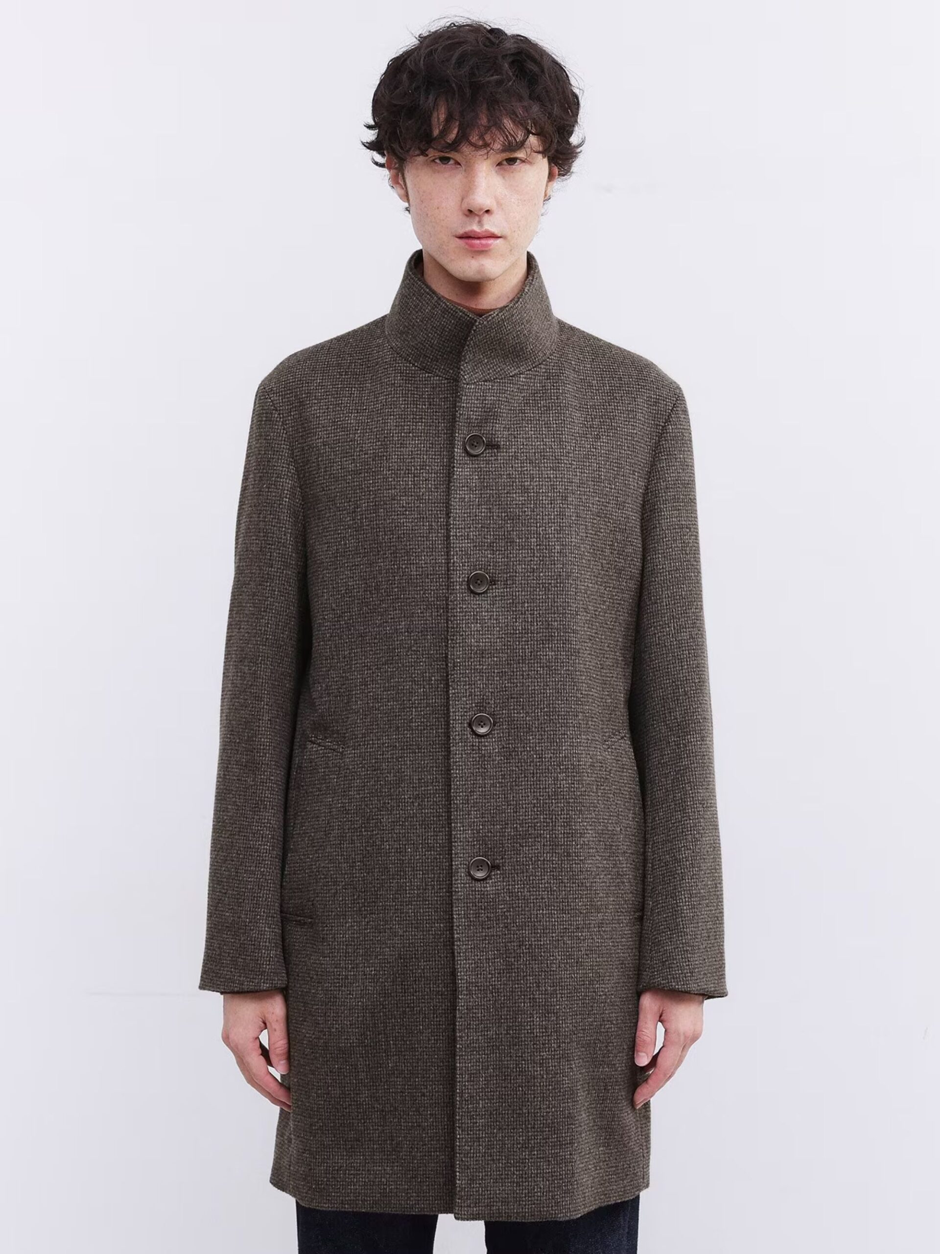 BROWN CASHMERE BLEND PINHEAD STAND COLLAR COAT (8)